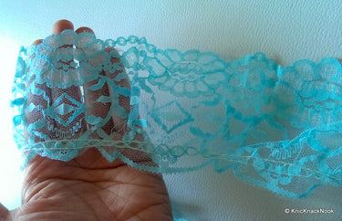Blue Floral Net Lace Trim Ribbon 85mm wide